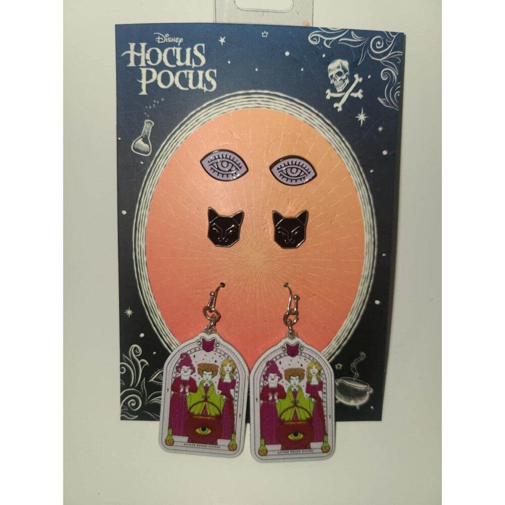 Hocus Pocus Earring Set, 3 Pairs Disney Sanderson Sisters, Black Cat, Eyes NEW